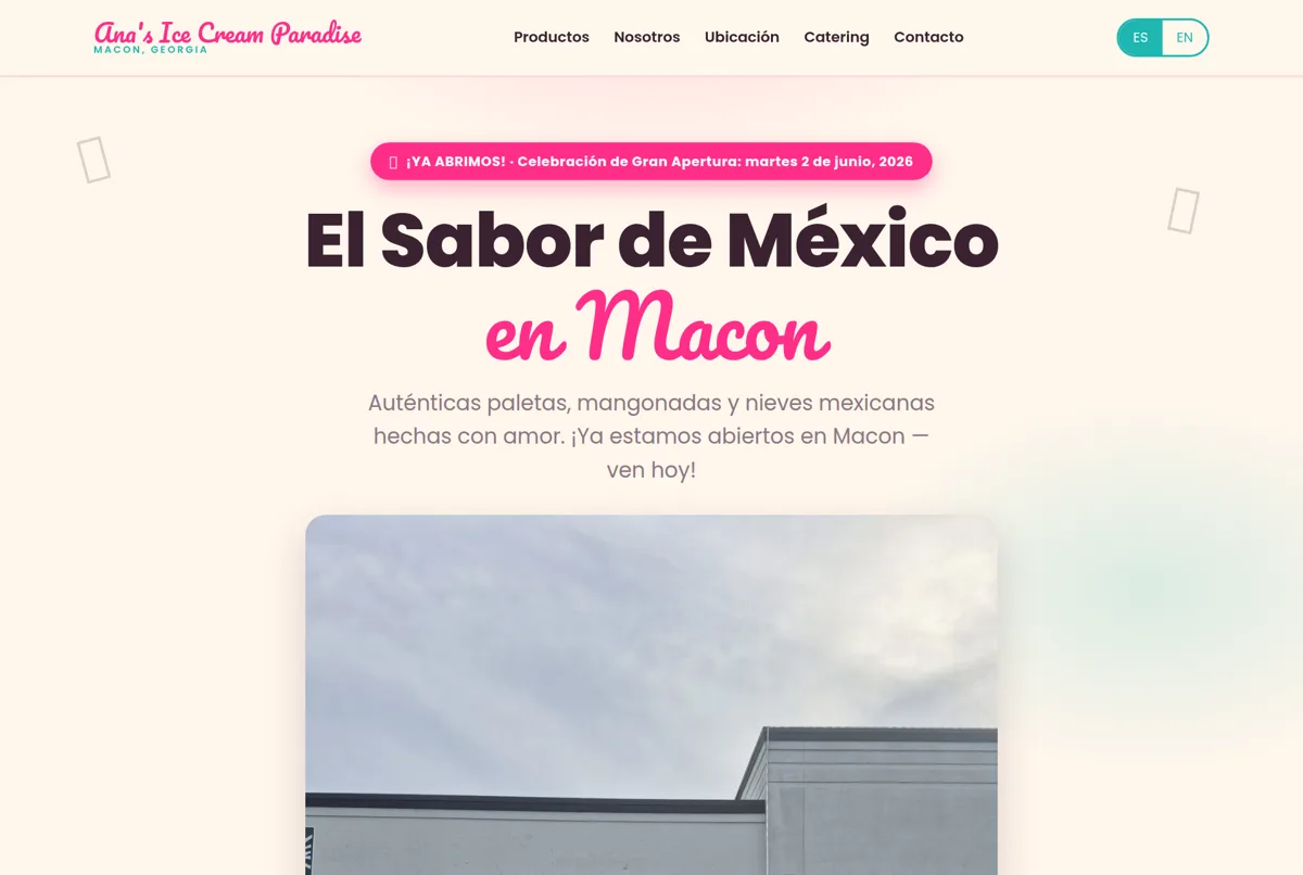 Website built by IMG for Ana's Ice Cream Paradise — bilingual ice cream shop site